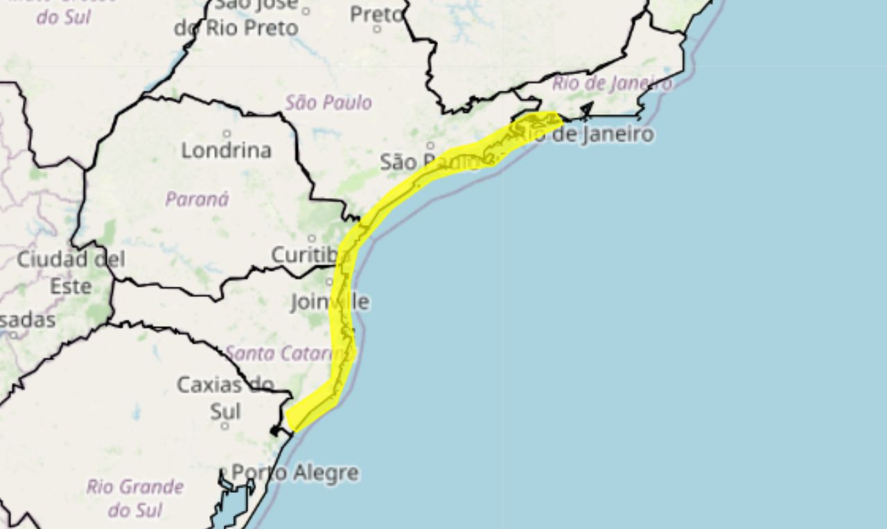 o mapa mostra às áreas em alerta para ventos costeiros